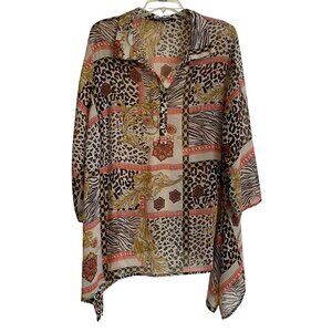 Zac & Rachel Womens 2X Sheer Patchwork Blouse Bohemian Chic Resort Wear Eclectic
